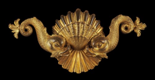 Appliqué in the Form of Paired Dolphins on a Scallop Shell, 16th century.