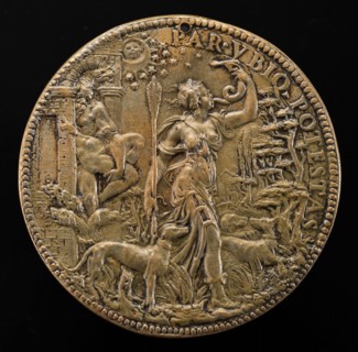 Ippolita as Diana with Hunting Dogs in a Landscape; behind her Pluto and Cerberus [reverse], 1551.