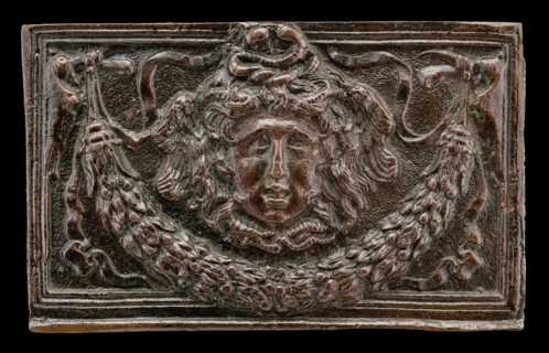 End panel of a writing casket: Medusa Head, Garland, and Bucrania, c. 1500.