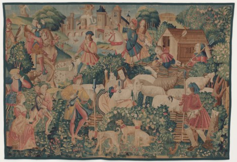 Hunting and Pastoral Scenes, with a shepherdess shearing, c. 1510.