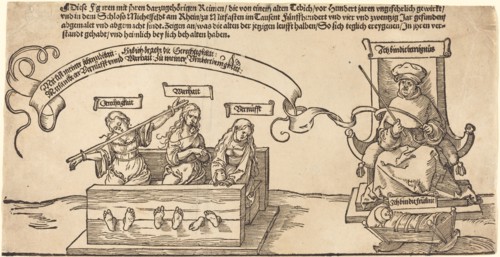 Justice, Truth and Reason in the Stocks with the Seated Judge and Sleeping Piety, probably 1526.