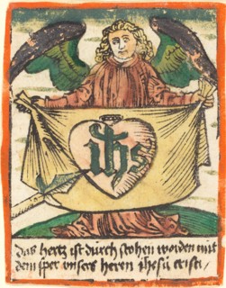 Sacred Monogram in a Sacred Heart on a Cloth Held by an Angel, c. 1480.