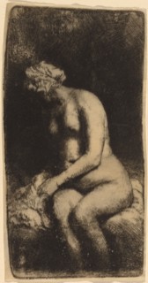Nude Seated on a Bench with a Pillow (Woman Bathing Her Feet at a Brook), 1658.