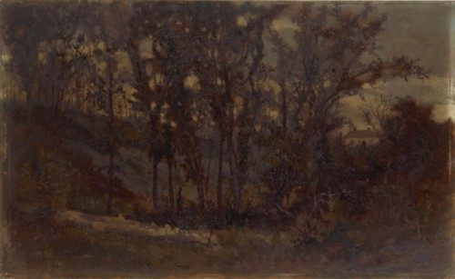 Untitled (forest scene, fallen tree in foreground and house in background), 1873.