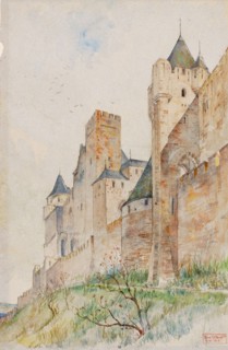 Battlements of Carcassonne, France, 1913.