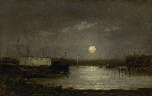 Untitled (moon over a harbor, wharf scene with full moon and masts of boats), ca. 1868.