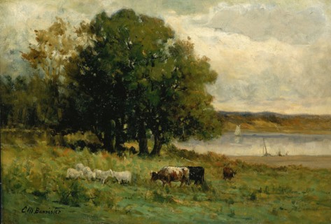 Untitled (cattle near river with sailboat in distance), n.d.