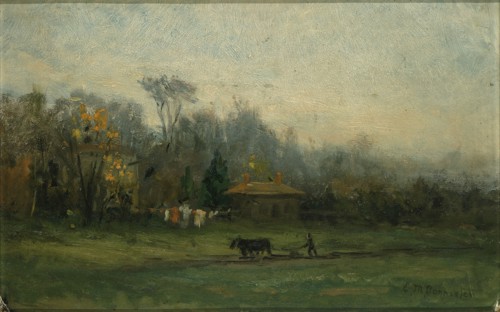 Untitled (landscape with man plowing fields), n.d.