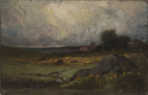 Untitled (landscape with rock in foreground and roof with steeple, lake in background), n.d.