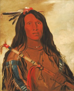 Né-hee-ó-ee-wóo-tis, Wolf on the Hill, Chief of the Tribe, 1832. with a Sioux pipe, and gift from Mr. M?Kenzie, the Trader.