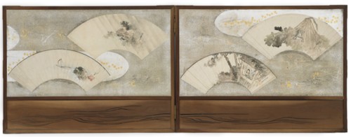 Four fan paintings mounted on a screen; "Frog on Lotus Leaf", "Scholar in a House", "Landscape", and "Boat and Rock", frog, ca.1814-15; scholar, ca. 1801-03; landscape, ca. 1825-30; boat, ca.1841. Pos...