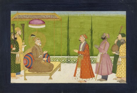The poet Sundar Das before Emperor Shah Jahan, folio from a Sundar Shringar, ca. 1750-1760. Attributed to Nainsukh.
