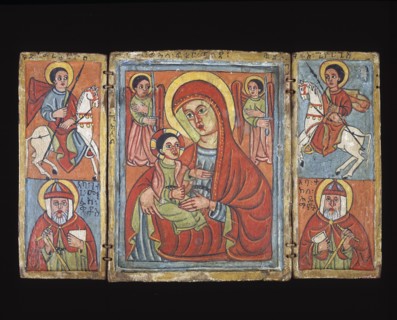 Icon, 16th century. Triptych of distemper and gesso on wood. Depicted in the left and right panels: Top register are equestrian Saints on white horses, bottom register, saint with red cloak, book, han...