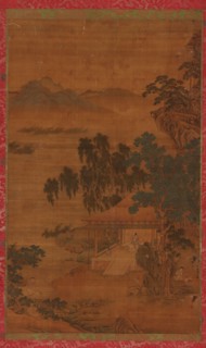 River landscape: a man in a pavilion under large trees, 16th-17th century. Formerly attributed to Zhao Yong.