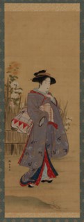 Woman near a fenced-off flowering garden, late 18th century.