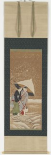Two girls under umbrella in snowstorm, 1753-1806.