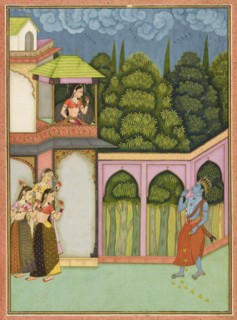 Krishna approaches Radha, folio from a Rasikpriya, dated 1690.