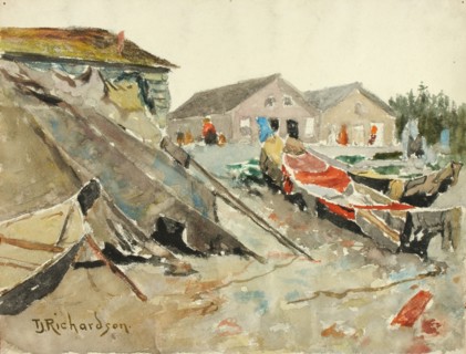 Drying Blankets over Canoes, ca. 1890-1914.
