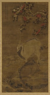 A stag, a doe, and red camellias in snow, 1367.