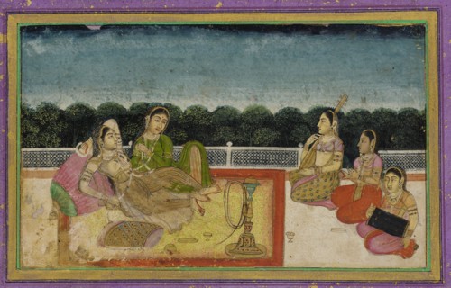 A Lady and attendant on a terrace at evening, with three women musicians, 18th century.