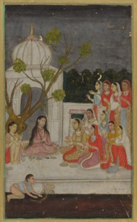 Fortune-telling; a group of women on a terrace at night, 18th century.
