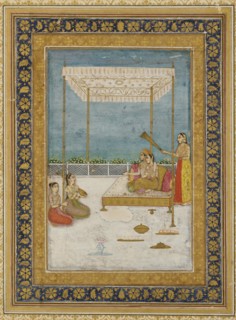 Lovers on a terrace, with an attendant and musicians, 18th century.