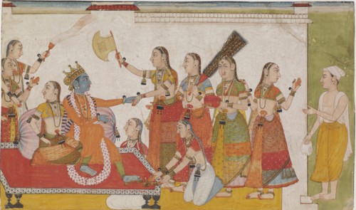 Krishna welcoming Sudama, from a Bhagavata Purna, c. 1700.