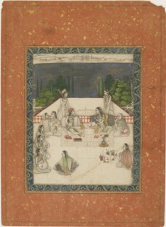 Two women seated on a terrace, surrounded by attendants and musicians, ca. 1650.