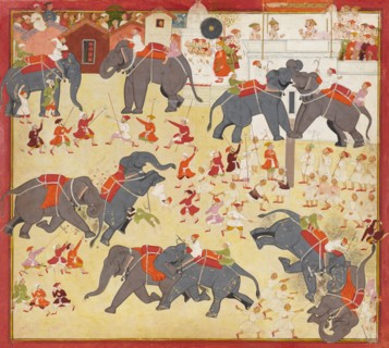Maharana Raj Singh observing an elephant fight, ca. 1670-1675. Creator: Unknown.