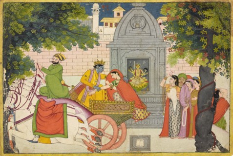 Rukmini elopes with Krishna, folio from a Bhagavata Purana, ca. 1780.