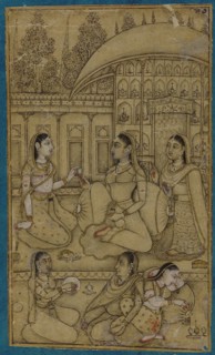 A lady and attendants seated in a courtyard, early 18th century.