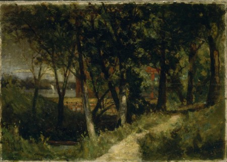 Untitled (landscape, forest scene with red fence and building), 1893.