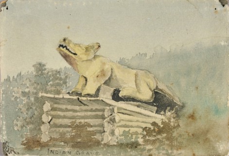 Indian Grave. Wolf Totem over Medicine Man Grave, Wrangell, ca. 1880-1914.