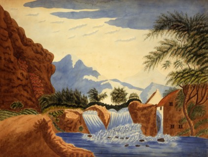 Mountain Scene and Waterwheel, ca. 1820-1870.