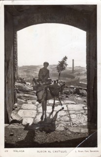 Boy with donkey, Malaga Castle, 1932. Child with water jars in Andalucia, Spain.