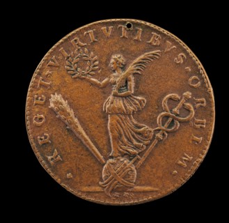 Victory Holding a Palm and Laurel, on a Globe with a Rudder, Club, and Cadeuceus [reverse], 1594.