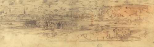 Estuary with a Fortified Seaport at Left and Cliffs at Right, c. 1882.