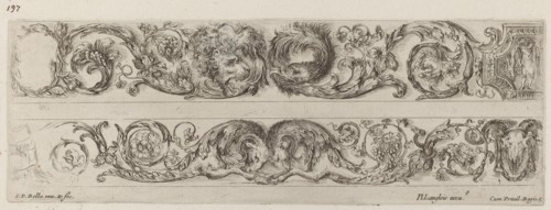 Two Ornamental Bands with Facing Heads of Lion and Eagle, and Two Rams, probably 1648.