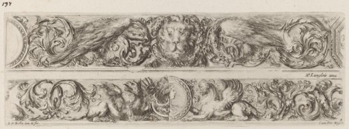 Two Ornamental Bands with Head of a Lion and Woman, probably 1648.