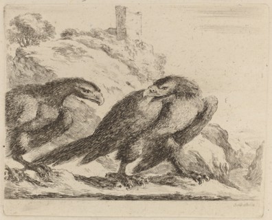 Two Eagles with Tower in Background.