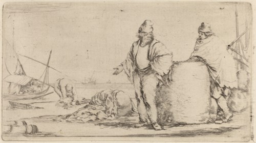 Two Sailors Standing near a Large Bale of Merchandise.