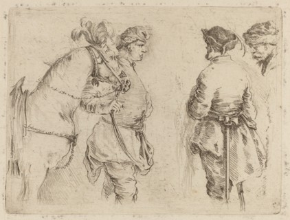 Pole Holding the Bridle of a Horse while Speaking with Two Other Men.