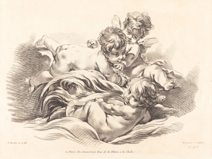 Three Cherubs Playing on Dolphin Like Wave.