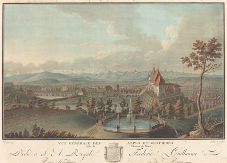 Vue generale des Alpes et Glaciers. [View of the Alps and glaciers from Worb Castle, Switzerland].