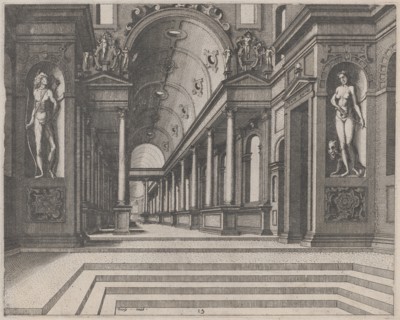 View in a Church with Corinthian Columns and Statues of Apollo, Melpomene, and Moses, 1560.