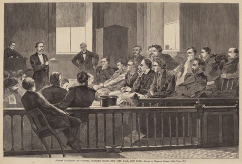 Jurors Listening to Counsel, Supreme Court, New City Hall, New York, published 1869.