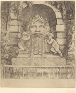 Fountain: Grotesque, Children and Basin (Une fountaine: Masque, enfants et bassin).