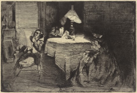 The Music-Room, 1858. Deborah and Seymour Haden at left, with Haden's medical partner James Traer, 62 Sloane Street, Chelsea.