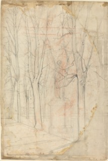 Sketch of Trees with a Statue on a Pedestal.