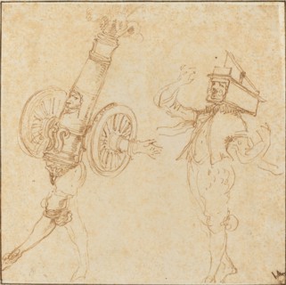 Two Men in Masquerade Costumes: A Cannon Firing and a Cat Inside a Mousetrap, c. 1645.